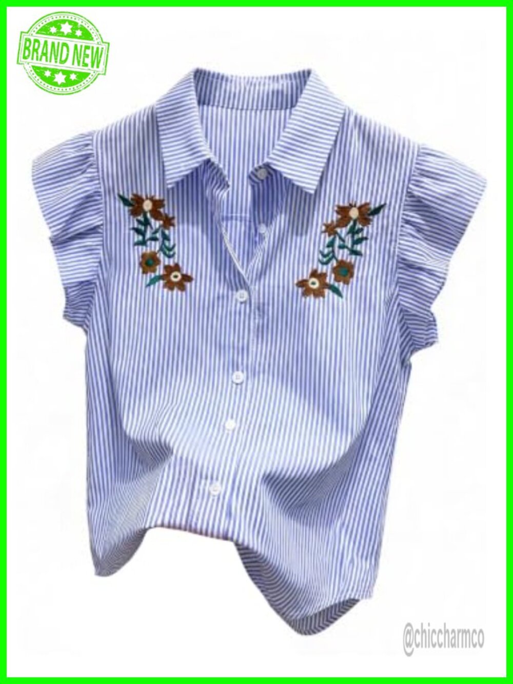 Women's Floral Embroidered Button Down Blouse with Ruffle Sleeve